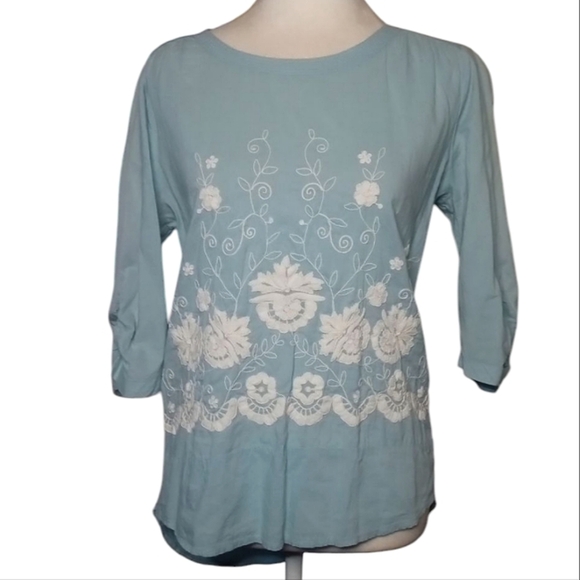 Boden Light Blue White Floral Embroidery Cotton Ruched 1/2 Sleeve Blouse Size 2 - Picture 1 of 9